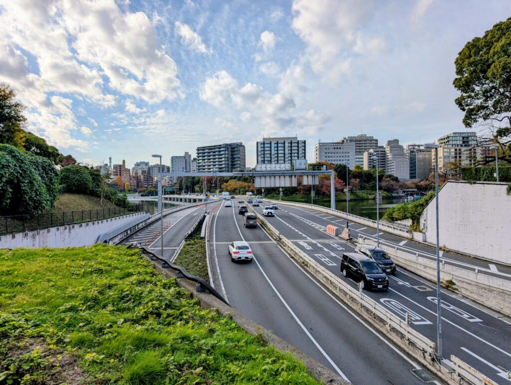 首都高速都心環状線に架かる歩道橋からの眺め