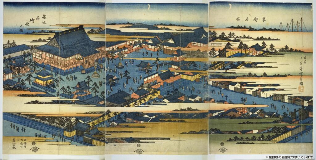 一立斎広重『東都名所〔築地西御堂之図〕・〔東都名所〕築地西御堂之図』,蔦吉. 国立国会図書館デジタルコレクション https://dl.ndl.go.jp/pid/1307041 (参照 2026-05-08)